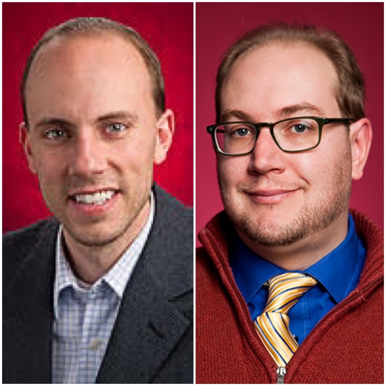 Headshots of two men in front of a crimson background